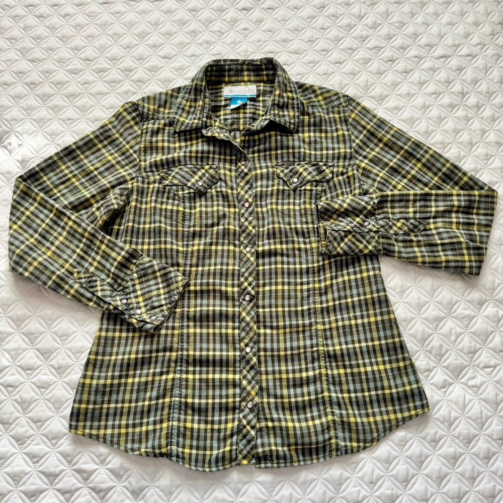 Columbia 100% Cotton Green Blue Yellow Plaid Long Sleeve Flannel Cabincore Sz M
